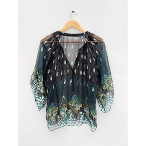 Gibson 100% Silk Paisley Teardrop Sheer V-Neck Blouse Black Teal Size Large